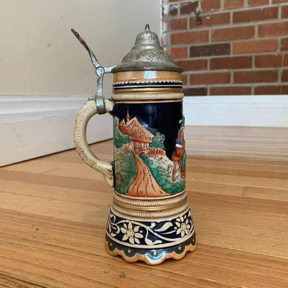 Vintage German Beer Stein Handgemalt with Pewter Lid